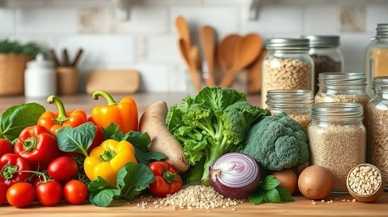 A vibrant, professional photography, 8K, cinematic lighting, sharp focus, depth of field. A beautifully arranged kitchen counter displaying an assortment of raw, colorful vegetables (bell peppers, cherry tomatoes, spinach, broccoli, red onion, sweet potato) alongside various uncooked grains in glass jars (quinoa, bulgur, buckwheat). The scene emphasizes freshness, natural ingredients, and the promise of healthy, delicious meals. Soft, natural light illuminates the ingredients.