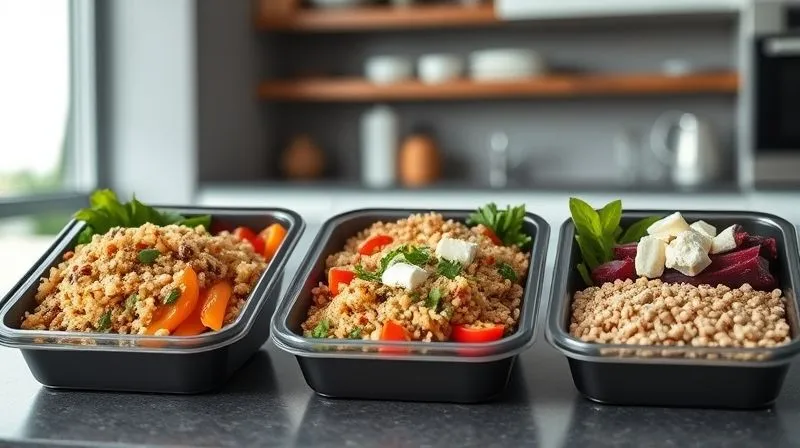A professional photography, 8K, cinematic lighting, sharp focus, depth of field. A series of three distinct, beautifully prepared bento-style lunchboxes, each featuring a different colorful grain and vegetable combination. One has quinoa with roasted bell peppers, another has bulgur with fresh herbs and tomatoes, and a third has buckwheat with beets and feta. The lunchboxes are neatly arranged on a modern kitchen counter, suggesting variety, health, and gourmet-level meal prep. Soft, even lighting highlights the textures and colors.