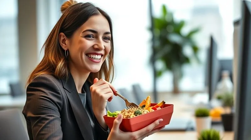 A photorealistic, professional photography, 8K, cinematic lighting, sharp focus, depth of field. A smiling woman in her early 30s, dressed in smart casual office attire, is happily eating a vibrant, healthy lunchbox meal at her desk in a modern, brightly lit office. The lunchbox is full of colorful grains and vegetables. The scene conveys satisfaction, energy, and a positive approach to healthy eating in a work environment. The background is softly blurred, showing other office elements.