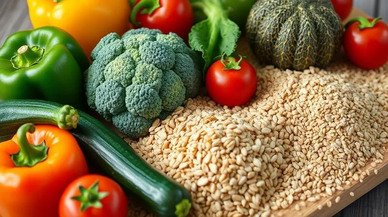 photorealistic, professional photography, 8K, cinematic lighting, sharp focus, depth of field, shot on a high-end DSLR, a close-up of a variety of fresh, colorful vegetables (bell peppers, zucchini, broccoli florets, cherry tomatoes) and different types of dry grains (quinoa, buckwheat, bulgur) neatly arranged on a rustic wooden board, emphasizing freshness and quality.