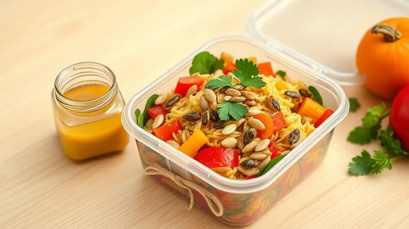 photorealistic, professional photography, 8K, cinematic lighting, sharp focus, depth of field, shot on a high-end DSLR, a vibrant and appealing lunchbox filled with kasza and colorful vegetables, topped with a sprinkle of roasted pumpkin seeds and fresh parsley. A small, elegant glass jar with a homemade vinaigrette dressing stands beside it. The scene conveys freshness, health, and culinary delight, set on a bright, minimalist wooden table.