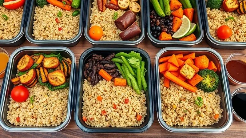 photorealistic, professional photography, 8K, cinematic lighting, sharp focus, depth of field, shot on a high-end DSLR, a delicious and healthy meal prep for a week, featuring various lunchboxes filled with different types of kasza (quinoa, buckwheat, bulgur) and a colorful array of roasted and fresh vegetables, along with small containers of sauces and dressings. The food looks appealing and well-preserved, ready for consumption. The setup is organized and inspiring, showing the ease of healthy eating.