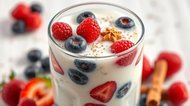 Photorealistic image of a glass of skim kefir blended with fresh berries, chia seeds, and a sprinkle of cinnamon, vibrant and appealing, cinematic lighting, sharp focus, 8K, DSLR.