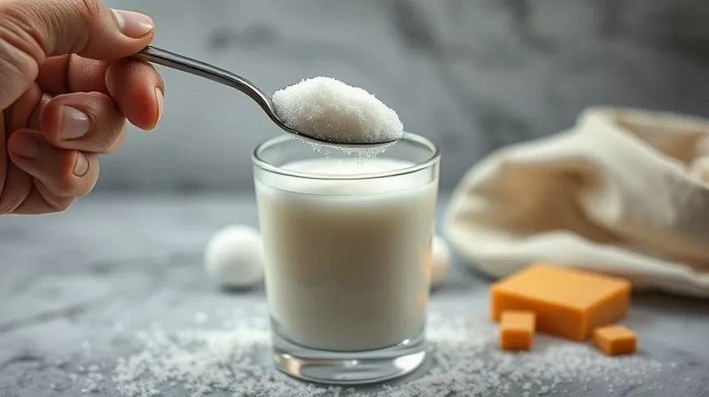 Photorealistic image of a hand adding a spoonful of sugar into a glass of kefir, with a subtle sense of 'mistake' or 'sabotage', cinematic lighting, sharp focus on the sugar and kefir, 8K, DSLR.