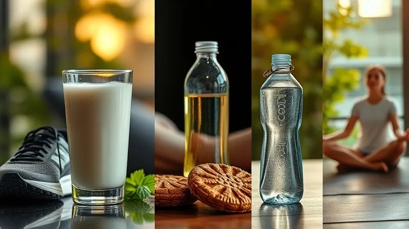 Photorealistic image of a balanced lifestyle collage: a glass of kefir, running shoes, a water bottle, and a person meditating, all harmoniously composed, cinematic lighting, 8K, DSLR.
