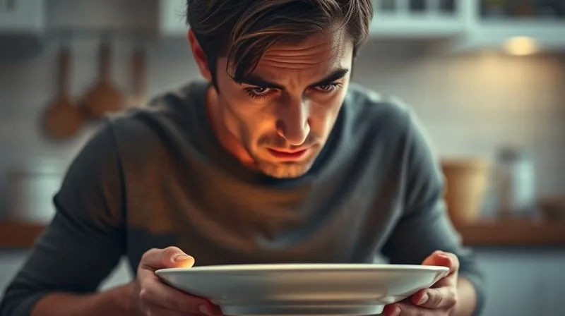 A photorealistic image depicting a person with a thoughtful or slightly frustrated expression, looking at an empty plate, with a subtle, glowing aura around their stomach, symbolizing persistent hunger. The background is a soft, blurred kitchen setting. Cinematic lighting, sharp focus on the person's face and the plate, depth of field. 8K hyper-detailed, shot on a high-end DSLR.