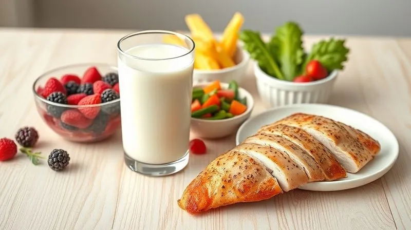 A photorealistic image of a variety of colorful, healthy kefir-based dishes and snacks artfully arranged on a light wooden table. Include a smoothie bowl with berries, a glass of plain kefir, a small bowl of kefir with chopped vegetables, and a piece of chicken marinating in kefir. Soft, natural daylight, sharp focus on the food, depth of field blurring the background. 8K hyper-detailed, shot on a high-end DSLR.