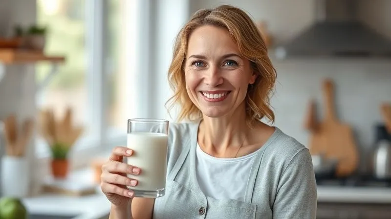 A photorealistic image of a woman, mid-40s, with a radiant smile, holding a glass of kefir, looking energetic and confident. She is in a modern, brightly lit kitchen, possibly preparing a healthy meal. The image conveys a sense of accomplishment and well-being. Cinematic lighting, sharp focus on the woman, depth of field. 8K hyper-detailed, shot on a high-end DSLR.