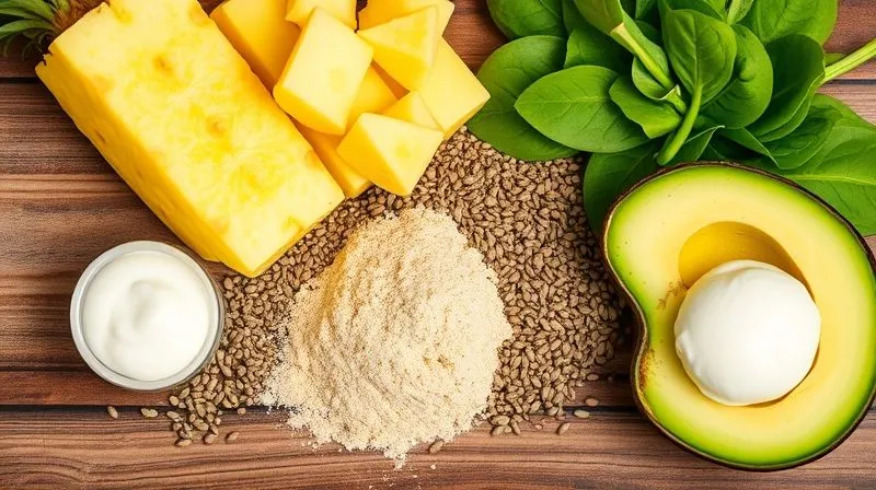 A vibrant, photorealistic flat lay of various smoothie ingredients laid out on a rustic wooden table: fresh pineapple chunks, a scoop of vanilla protein powder, chia seeds, flax seeds, a handful of spinach, half an avocado, and a dollop of Greek yogurt. Cinematic lighting, sharp focus on the ingredients, depth of field, 8K hyper-detailed, shot on a high-end DSLR.