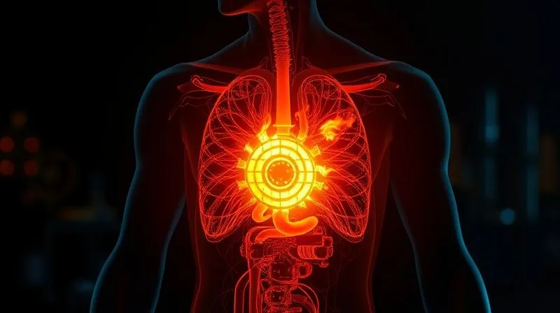 A photorealistic image of a subtle, glowing internal combustion engine within a stylized human body, representing metabolism, with small flames and energy lines, set against a dark, scientific background. professional photography, 8K, cinematic lighting, sharp focus, depth of field, shot on a high-end DSLR.