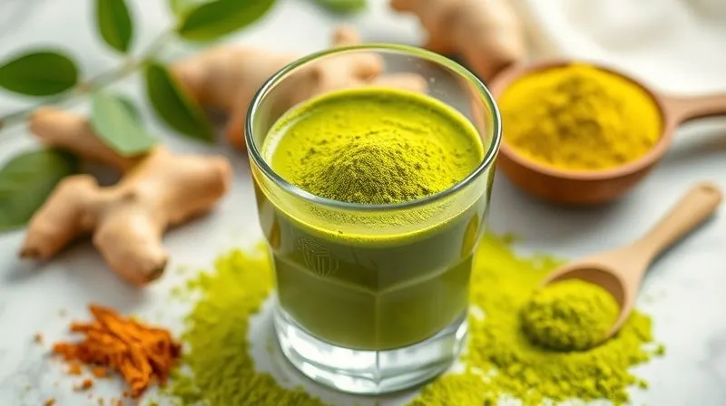 A close-up, photorealistic shot of a vibrant green matcha powder being gently sprinkled into a glass, with a background of fresh ginger, turmeric root, and a scoop of protein powder, all in soft, natural light. professional photography, 8K, cinematic lighting, sharp focus, depth of field, shot on a high-end DSLR.