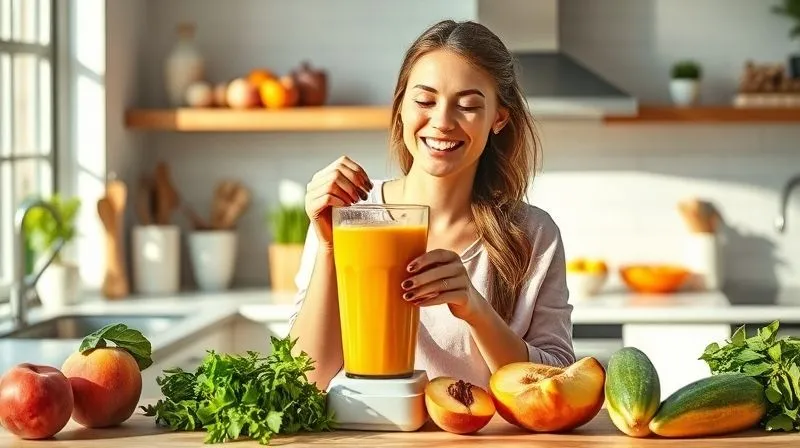 A photorealistic image of a woman joyfully blending a vibrant peach smoothie in a modern, sunlit kitchen, with fresh ingredients neatly laid out. She looks healthy and energetic. professional photography, 8K, cinematic lighting, sharp focus, depth of field, shot on a high-end DSLR.