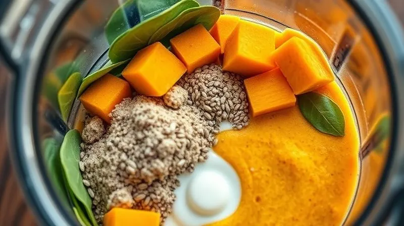 Photorealistic, professional photography, 8K, cinematic lighting, sharp focus on a blender filled with fresh ingredients for a healthy pumpkin smoothie: roasted pumpkin cubes, a scoop of protein powder, a spoonful of chia seeds, a handful of spinach, and unsweetened almond milk. The ingredients are in motion, creating a swirl of vibrant colors. Depth of field, emphasizing the fresh, wholesome components.