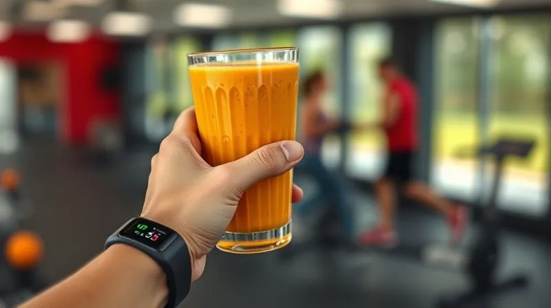 Photorealistic, professional photography, 8K, cinematic lighting, sharp focus on a person's hand holding a glass of pumpkin smoothie, with a fitness tracker visible on the wrist, displaying heart rate and calorie count. The background is a softly blurred gym or a bright, active outdoor scene. The image conveys health, mindfulness, and active lifestyle, with a focus on personal monitoring and well-being. Depth of field, natural light.