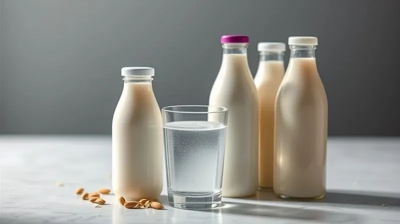 photorealistic, professional photography, 8K, cinematic lighting, sharp focus, depth of field, shot on a high-end DSLR, a variety of plant-based milks (almond, oat, soy) in minimalist bottles, subtly arranged around a glass of water, suggesting healthy beverage choices.