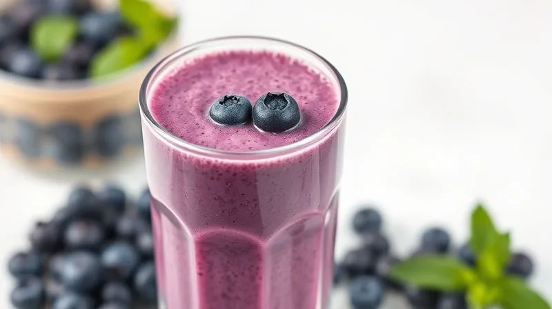 photorealistic, professional photography, 8K, cinematic lighting, sharp focus, depth of field, shot on a high-end DSLR, a perfectly blended, rich purple blueberry protein smoothie in a tall glass, garnished with a few fresh blueberries and a mint leaf, ready to be consumed, with a bright, clean background.