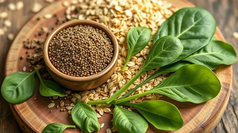 Photorealistic, professional photography, 8K, cinematic lighting, sharp focus, depth of field, shot on a high-end DSLR. A close-up shot of various fiber-rich ingredients: a small bowl of chia seeds, golden flax seeds, rolled oats, and fresh spinach leaves, artfully arranged on a rustic wooden board. The ingredients are vibrant and natural, suggesting health and vitality. Soft, warm light illuminates the scene, creating a sense of wholesome abundance.