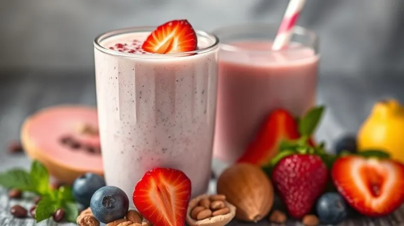 Photorealistic, professional photography of a balanced yogurt smoothie with fresh fruits, nuts, and seeds, contrasting with a sugary, artificial-looking smoothie. Cinematic lighting, sharp focus, 8K, shot on a high-end DSLR.