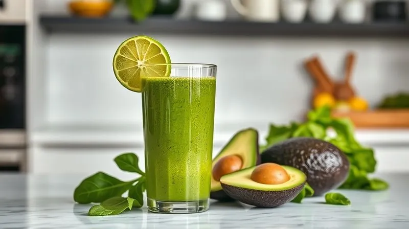 Photorealistic, professional photography of a vibrant green smoothie in a glass, with spinach leaves and avocado visible, on a clean, minimalist kitchen counter. Cinematic lighting, sharp focus, 8K, shot on a high-end DSLR.