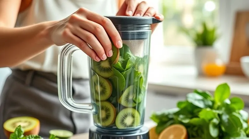 A photorealistic image of a person's hands gently placing fresh kiwi slices into a blender filled with other healthy ingredients like spinach and a scoop of protein powder. The kitchen is bright and modern, with natural light streaming in. The focus is on the action of preparing a healthy meal, conveying a sense of active well-being and mindful eating. Professional photography, 8K, cinematic lighting, sharp focus, depth of field, shot on a high-end DSLR.