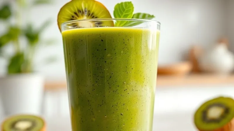 A close-up, photorealistic image of a vibrant green kiwi smoothie in a clear glass, with visible flecks of spinach and chia seeds. The texture is thick and creamy, suggesting satiety. The glass is garnished with a fresh kiwi slice and a few green leaves. Soft, diffused natural light, sharp focus on the smoothie, depth of field blurring a clean, minimalist kitchen background, 8K hyper-detailed, shot on a high-end DSLR.