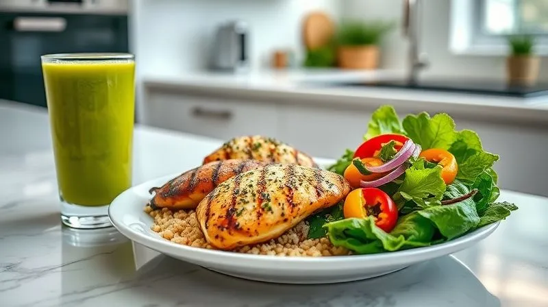 A photorealistic, professional photography shot of a perfectly balanced meal laid out on a clean, modern kitchen counter. On one side, a vibrant kiwi smoothie in a glass. On the other, a plate with grilled chicken, quinoa, and a colorful salad with leafy greens and bell peppers. The scene emphasizes healthy eating and satiety. Cinematic lighting, sharp focus on the food, depth of field blurring the background, 8K hyper-detailed, shot on a high-end DSLR.