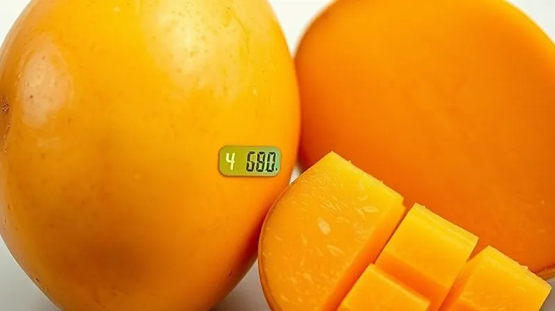 A close-up, photorealistic image of a perfectly ripe mango next to a slightly less ripe one, illustrating the difference in color and texture. Both are sliced to show the flesh, with a small digital scale in the background subtly displaying a calorie count. Cinematic lighting, sharp focus, 8K, high-end DSLR.