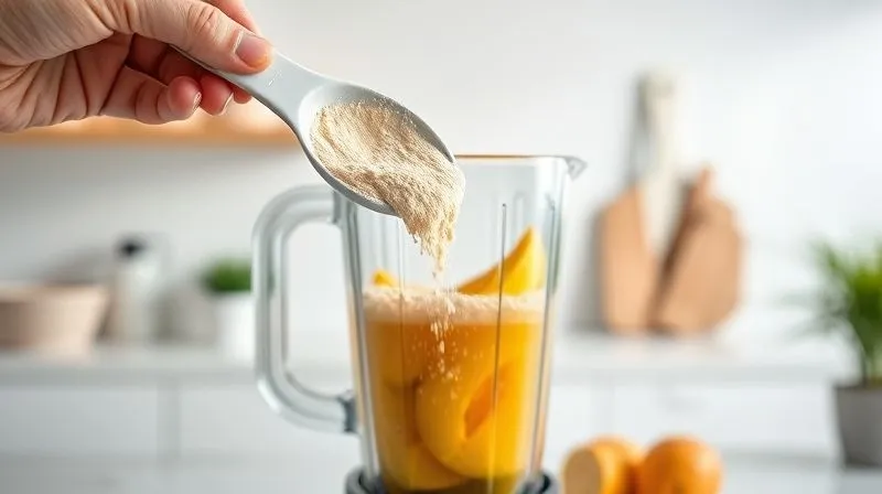 A professional photography shot of a scoop of vanilla protein powder being gently poured into a blender filled with mango and other healthy ingredients. The background is a clean, modern kitchen. Cinematic lighting, sharp focus on the powder and blender, 8K, high-end DSLR.