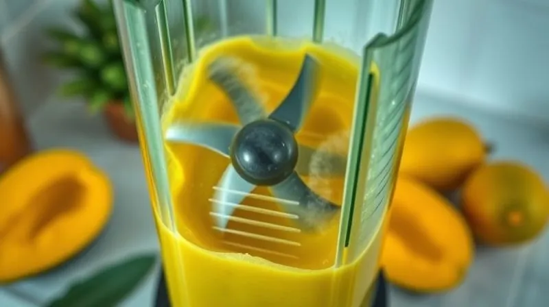 A high-angle, photorealistic shot of a powerful blender in action, creating a vibrant green-yellow mango smoothie. The blades are blurred with motion, and a light mist rises from the mixture. The kitchen counter is clean and minimalist. Cinematic lighting, sharp focus on the blender, 8K, high-end DSLR.