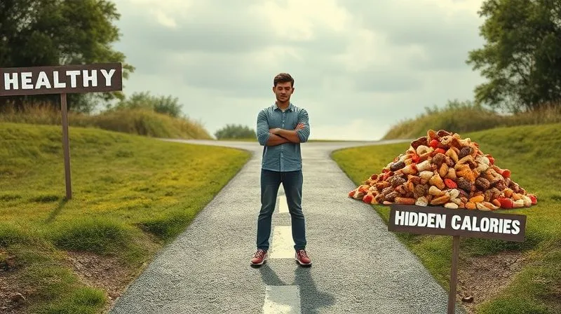 A photorealistic image of a person standing at a crossroads, with one path clearly marked 'Healthy' and another 'Hidden Calories' leading to a pile of tempting, but unhealthy, treats. The person looks slightly confused but determined. Cinematic lighting, sharp focus on the person and paths, 8K, high-end DSLR.