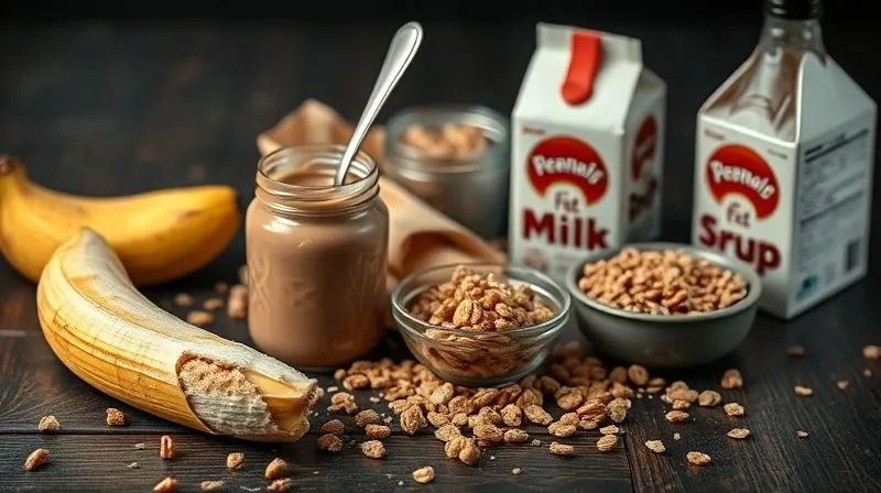 Photorealistic professional photography of various high-calorie milkshake ingredients scattered on a dark wooden table: a half-eaten banana, a jar of peanut butter with a spoon, a bowl of sugary granola, a carton of full-fat milk, and a bottle of chocolate syrup. Dramatic, cinematic lighting, sharp focus on the ingredients, with a shallow depth of field. 8K hyper-detailed.