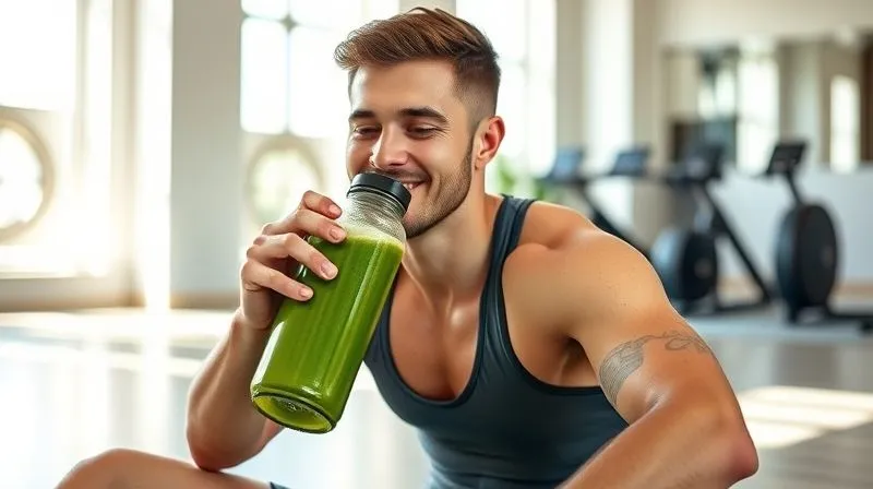 Photorealistic professional photography of a person, mid-twenties, with an athletic build, smiling subtly while drinking a vibrant green smoothie from a reusable bottle after a workout. They are sitting on a yoga mat in a bright, modern gym or studio, with soft, natural light streaming in. Sweat glistens slightly on their skin. Sharp focus on the person and the bottle, with a blurred background of gym equipment. 8K hyper-detailed, cinematic lighting.