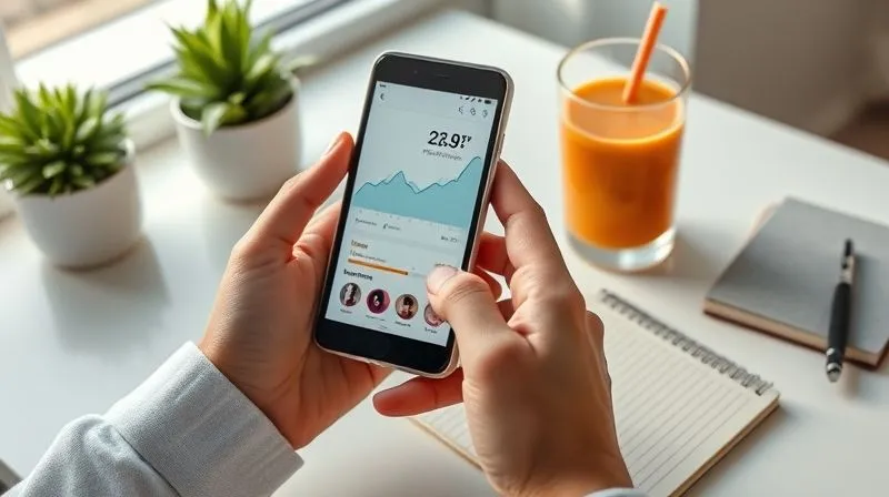 Photorealistic professional photography of a person's hands holding a smartphone displaying a fitness tracking app with graphs showing positive progress in weight loss and activity. Next to the phone on a clean, modern desk, there's a glass of a healthy, colorful smoothie and a small notebook with a pen, suggesting planning and commitment. Soft, bright daylight, sharp focus on the phone and smoothie, with a blurred background. 8K hyper-detailed, cinematic lighting, professional composition.