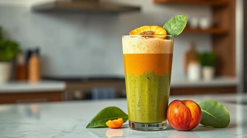 A vibrant green and orange layered smoothie in a modern glass, with fresh apricots and spinach leaves artfully arranged on top. The background is a clean, bright kitchen counter. Photorealistic, professional photography, 8K, cinematic lighting, sharp focus, depth of field, shot on a high-end DSLR.
