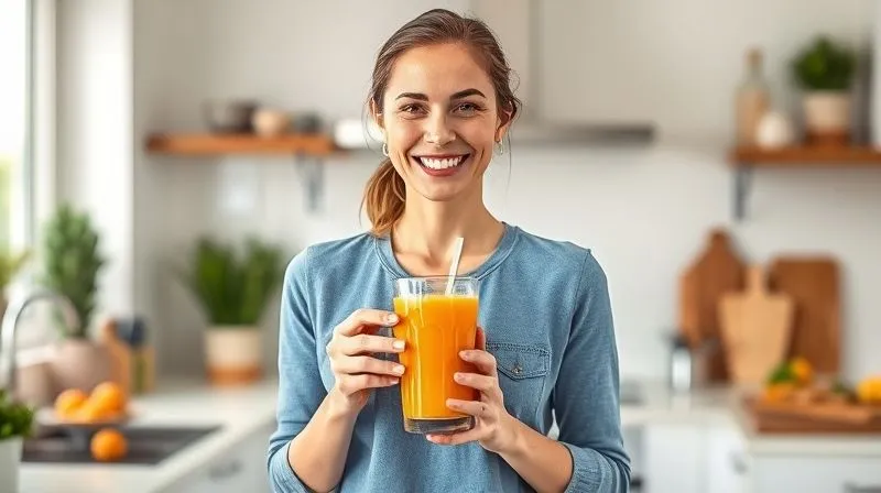 A woman with a radiant smile, holding a glass of vibrant apricot smoothie, standing in a bright, modern kitchen. Her posture is confident and energetic, suggesting improved health and well-being. Photorealistic, professional photography, 8K, cinematic lighting, sharp focus, depth of field, shot on a high-end DSLR.