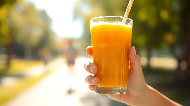 A person's hand holding a glass of a refreshing apricot smoothie, with a blurred background of a sunny park or outdoor setting, conveying a sense of health and vitality during an active day. Photorealistic, professional photography, 8K, cinematic lighting, sharp focus, depth of field, shot on a high-end DSLR.