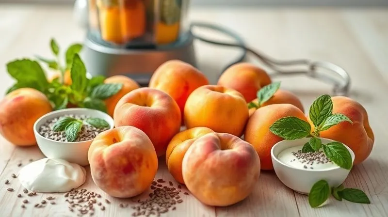 A beautifully arranged flat lay of all the fresh ingredients needed for an apricot smoothie: ripe apricots, fresh mint, yogurt, chia seeds, and a blender in the background, all on a light wooden surface. The scene is bright and inviting. Photorealistic, professional photography, 8K, cinematic lighting, sharp focus, depth of field, shot on a high-end DSLR.
