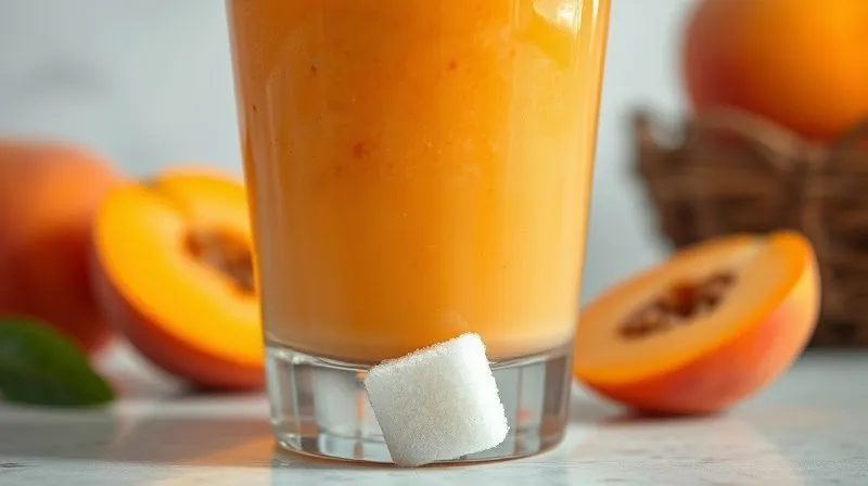 A close-up, photorealistic image of a vibrant apricot smoothie in a glass, with a subtle, almost hidden sugar cube dissolving at the bottom, symbolizing a hidden calorie trap. Professional photography, 8K, cinematic lighting, sharp focus, depth of field, shot on a high-end DSLR.