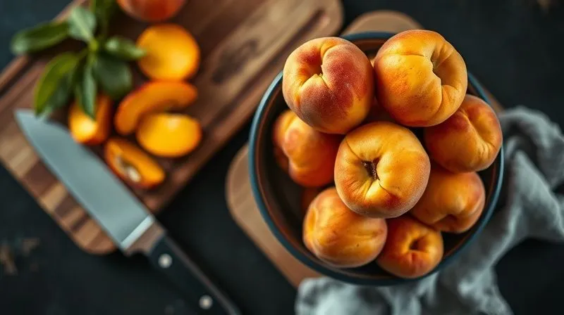 A photorealistic, professional photography, 8K, cinematic lighting, sharp focus, depth of field, shot on a high-end DSLR of a bowl of fresh, ripe apricots next to a cutting board with a knife, ready to be prepared for a smoothie. The image should convey freshness and natural goodness.