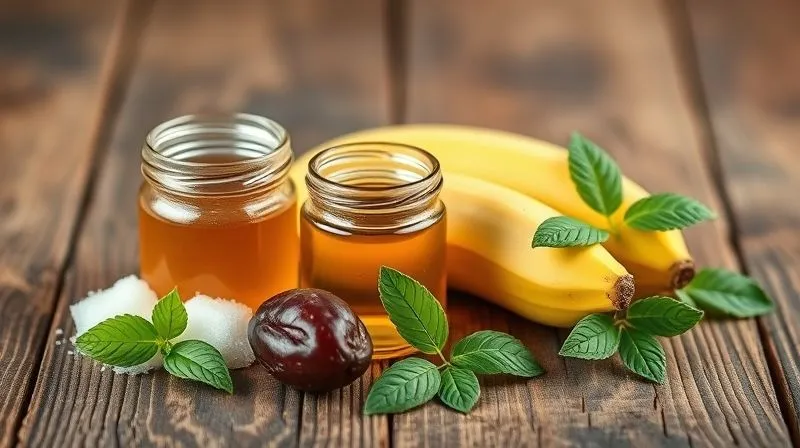 A photorealistic, professional photography, 8K, cinematic lighting, sharp focus, depth of field, shot on a high-end DSLR of various natural sweeteners like a small jar of honey, a date, a ripe banana, and a few stevia leaves, arranged aesthetically on a rustic wooden table. The image should suggest healthy alternatives to refined sugar.