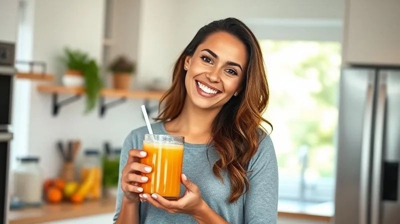 A photorealistic, professional photography, 8K, cinematic lighting, sharp focus, depth of field, shot on a high-end DSLR of a woman smiling confidently, holding a healthy apricot smoothie, in a bright, modern kitchen. The image should convey success and well-being, symbolizing a positive health transformation.