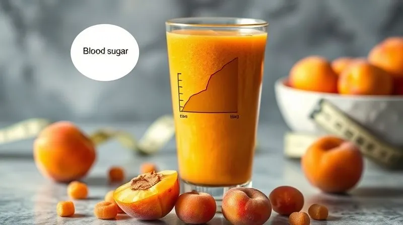 A professional, photorealistic, 8K image of a clear glass filled with a vibrant apricot smoothie, with a small, stylized infographic bubble showing a rising and then stable blood sugar curve. Fresh apricots are scattered around the base of the glass, and in the background, a subtle, blurred image of a measuring tape and a healthy breakfast bowl. Cinematic lighting, sharp focus on the smoothie. The mood is scientific yet approachable, emphasizing health and control.