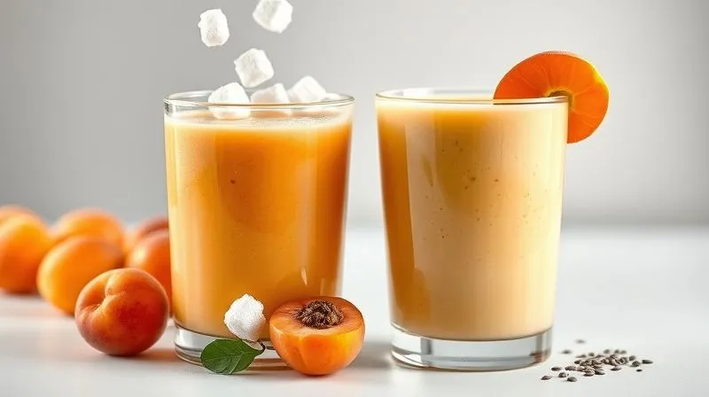 A photorealistic, professional photography, 8K, cinematic lighting, sharp focus, depth of field image depicting two contrasting apricot smoothies. On the left, an overly sweet, brightly colored smoothie with many whole apricots and a sugar cube falling into it, looking somewhat chaotic and unbalanced. On the right, a balanced, creamy apricot smoothie with subtle green hints (spinach), a sprinkle of chia seeds, and a single, perfectly ripe apricot, looking calm and healthy. The background is clean and minimalist, highlighting the difference between a 'sugar bomb' and a 'balanced meal'.