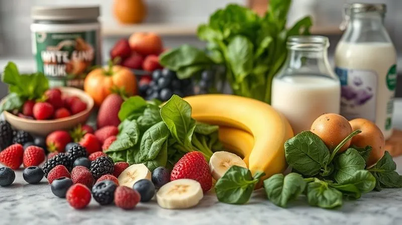 photorealistic, professional photography, 8K, cinematic lighting, sharp focus, depth of field, shot on a high-end DSLR, a vibrant assortment of fresh and frozen fruits (berries, spinach, banana slices) alongside protein powders and various plant-based milks, arranged on a cool, clean kitchen counter, suggesting preparation for a healthy smoothie. The scene is well-lit, emphasizing the freshness of ingredients.