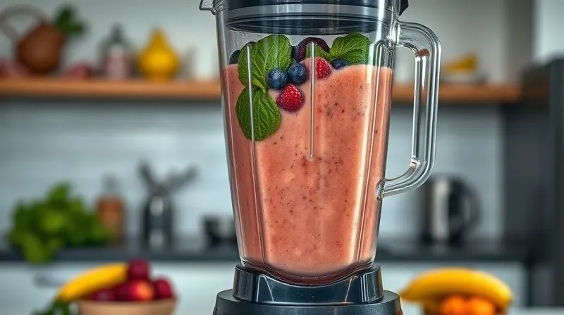 photorealistic, professional photography, 8K, cinematic lighting, sharp focus, depth of field, shot on a high-end DSLR, a high-speed blender in action, blending vibrant ingredients into a smooth protein smoothie. The motion blur of the blades is subtle, and condensation is visible on the blender jar, emphasizing the coldness of the ingredients. The kitchen background is clean and modern, suggesting efficiency.