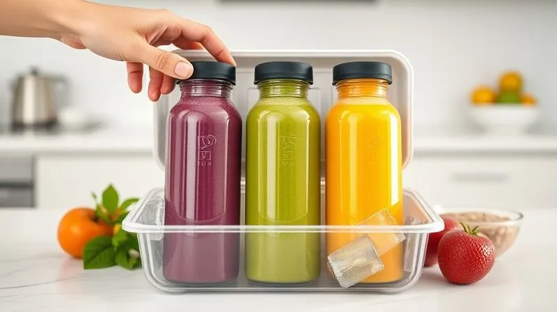 photorealistic, professional photography, 8K, cinematic lighting, sharp focus, depth of field, shot on a high-end DSLR, three different vibrant protein smoothies (green, purple, yellow) beautifully arranged in sleek, insulated bottles inside a modern lunchbox with ice packs. The setting is a clean, minimalist kitchen counter, highlighting the freshness and readiness for a busy day. A hand is reaching for one of the bottles, emphasizing convenience.