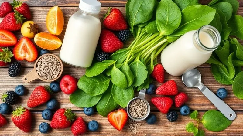 A vibrant, flat lay composition of fresh ingredients for a healthy protein smoothie: colorful berries, spinach, chia seeds, a scoop of protein powder, a bottle of almond milk, and a measuring spoon. All arranged aesthetically on a rustic wooden table. Photorealistic, professional photography, 8K, cinematic lighting, sharp focus, depth of field, shot on a high-end DSLR.