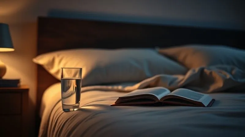 A serene bedroom scene at night, with soft, ambient light illuminating a comfortable bed. A glass of water and a book are on the nightstand, symbolizing healthy evening routines. The overall mood is peaceful and conducive to rest. Photorealistic, professional photography, 8K, cinematic lighting, sharp focus, depth of field, shot on a high-end DSLR, conveying the importance of sleep and hydration for health.