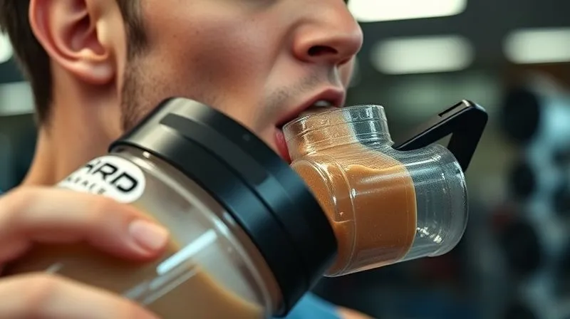 A photorealistic close-up of a person rapidly drinking a protein shake from a shaker bottle, with subtle visual cues of swallowed air bubbles around their mouth, against a blurred gym background. Professional photography, 8K, cinematic lighting, sharp focus on the action, depth of field, shot on a high-end DSLR.