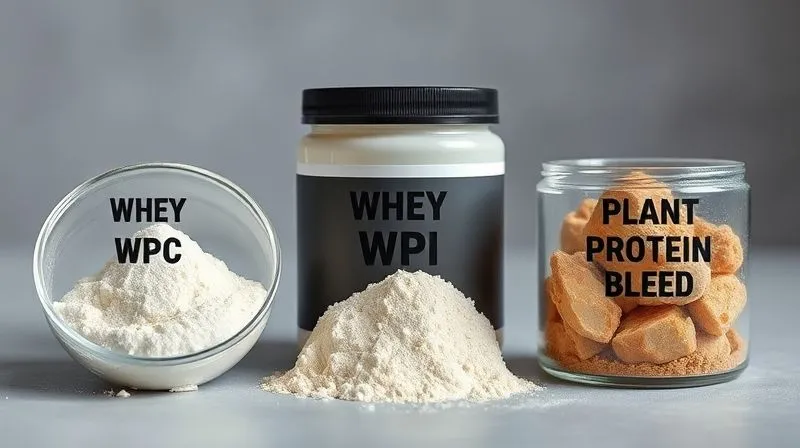 Photorealistic, professional photography comparison shot of three different protein powders: a scoop of whey concentrate (WPC), a scoop of whey isolate (WPI), and a scoop of a plant-based protein blend, clearly labelled. The powders are in clean, minimalist containers. 8K, cinematic lighting, sharp focus, depth of field, shot on a high-end DSLR.